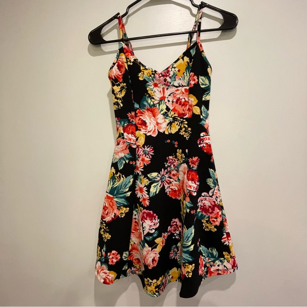 Ambiance Apparel Flower Print Black & Multi-Colored Sundress Short Mini Dress